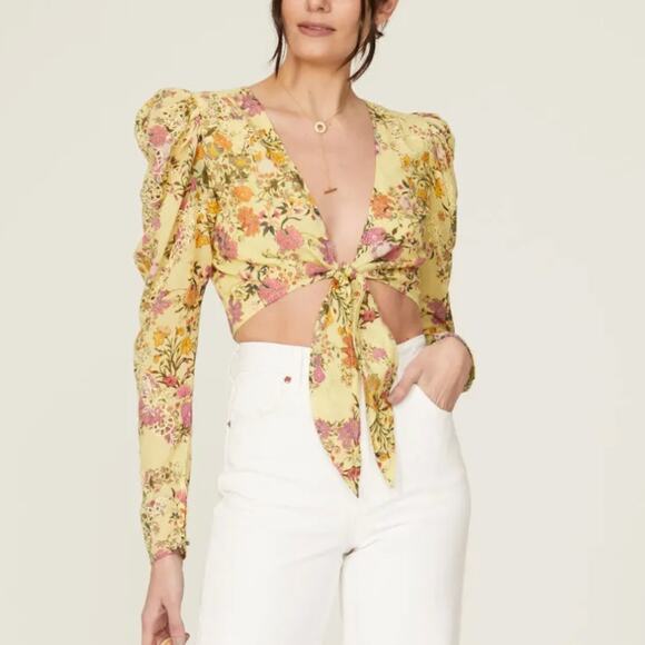 Hemant and Nandita Yellow Floral Crop Top XS Hippie Gypsy Plunging Princess $238 - Picture 1 of 11